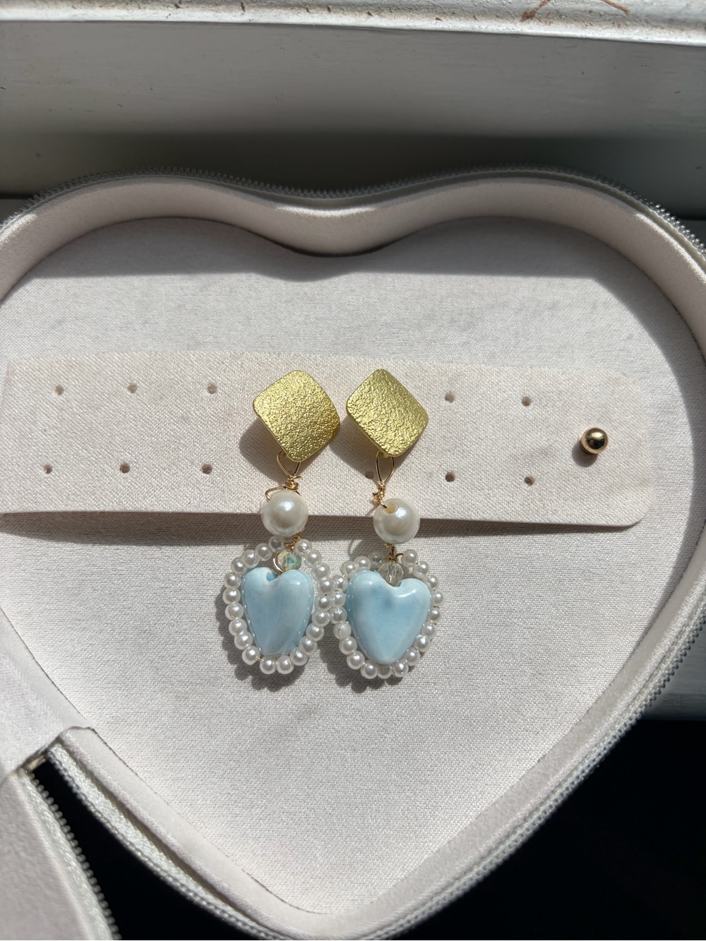 Handmade Blue Heart Pearl Earrings - Gold Stud Drop - Coquette Bridal